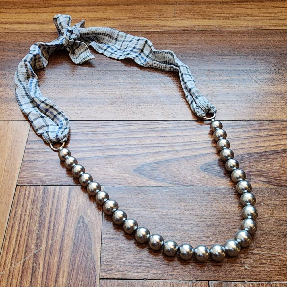 Amazon Plaid Ribbon Silver Tone Beaded Necklace